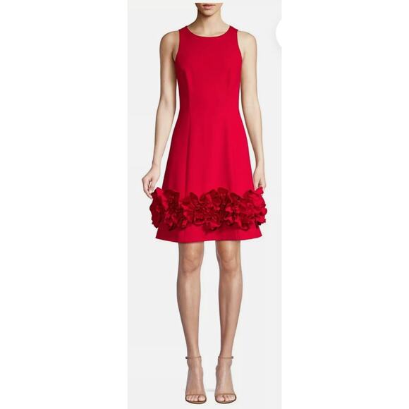 Aidan Mattox Red Rose Ruffled Sleeveless Crepe Cocktail Shift Dress‎ Size 12 - Picture 1 of 10